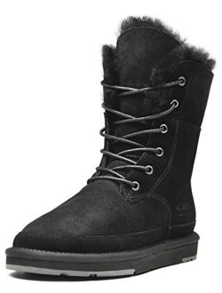 Aumu Womens Shearling Leather Sheepskin Classic Lace up Mid Calf Flat Fur Winter Snow Boots