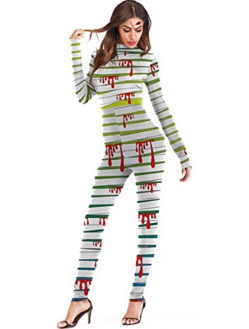 Carprinass Women's Halloween Costumes Jumpsuits Digital Printed Skinny Catsuit