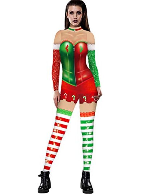 Carprinass Women's Halloween Costumes Jumpsuits Digital Printed Skinny Catsuit