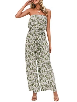 Women's Wide Leg Off Shoulder Jumpsuit Strapless Floral Long Romper Jumpsuit