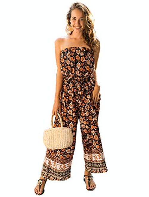 BerryGo Women's Wide Leg Off Shoulder Jumpsuit Strapless Floral Long Romper Jumpsuit