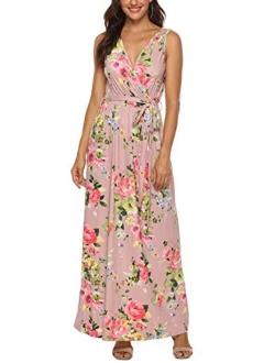 Zattcas Womens V Neck Sleeveless Empire Waist Floral Maxi Dress