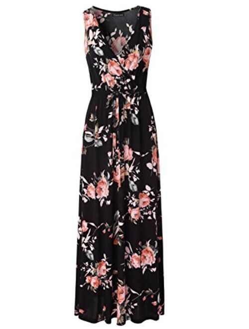 Zattcas Womens V Neck Sleeveless Empire Waist Floral Maxi Dress