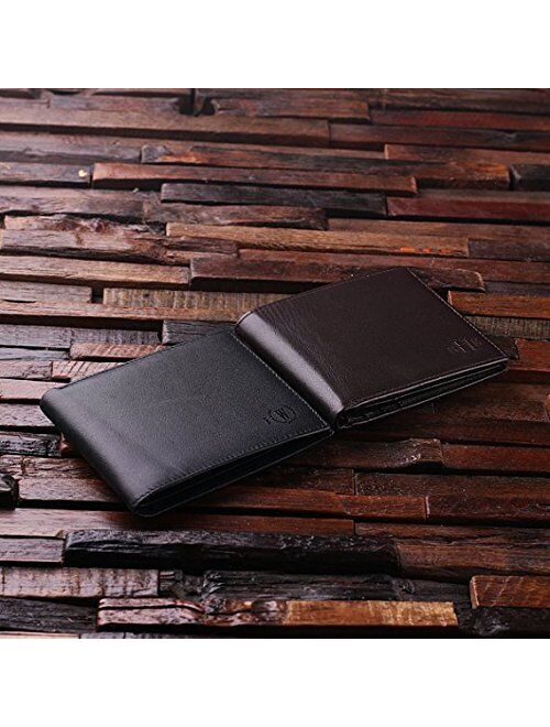 Personalized Fathers Day Engraved Monogrammed Mens Leather Wallet with Metal Gift Card and Wood Box