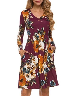 LAINAB Women's Floral Fall Long Sleeve Pockets Casual Tunic T Shirt Dress