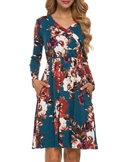 LAINAB Women's Floral Fall Long Sleeve Pockets Casual Tunic T Shirt Dress