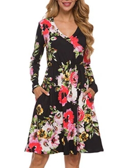 LAINAB Women's Floral Fall Long Sleeve Pockets Casual Tunic T Shirt Dress