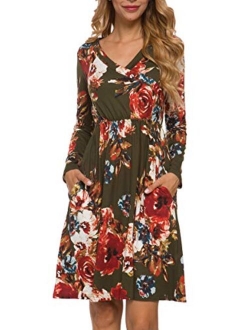 LAINAB Women's Floral Fall Long Sleeve Pockets Casual Tunic T Shirt Dress