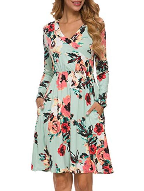 LAINAB Women's Floral Fall Long Sleeve Pockets Casual Tunic T Shirt Dress