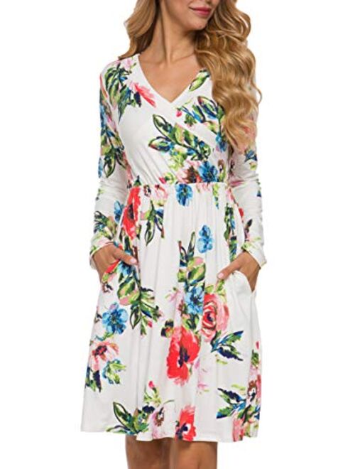 LAINAB Women's Floral Fall Long Sleeve Pockets Casual Tunic T Shirt Dress