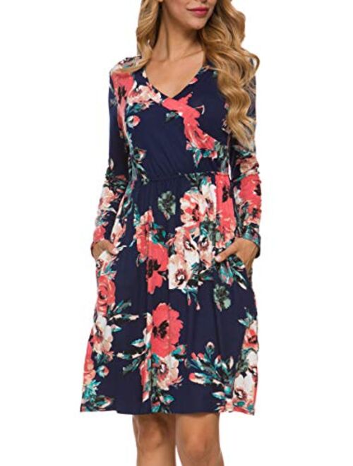 LAINAB Women's Floral Fall Long Sleeve Pockets Casual Tunic T Shirt Dress