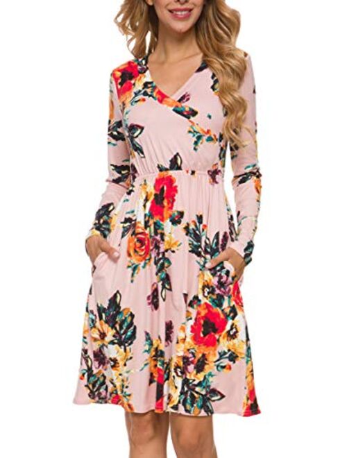 LAINAB Women's Floral Fall Long Sleeve Pockets Casual Tunic T Shirt Dress