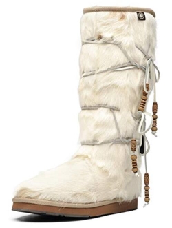 Aumu Women Tradional Wooden Bead String Sheepskin Fur Shearling Leather Stylish Knee High Winter Snow Boots