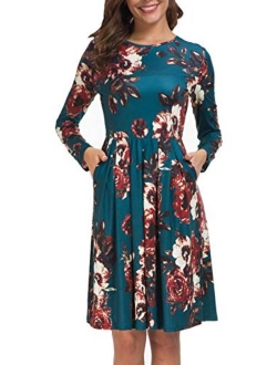 Kranda Women Short/Long Sleeve Round Neck Pleated Loose Swing Floral Midi Dress with Pockets