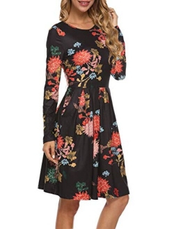 Kranda Women Short/Long Sleeve Round Neck Pleated Loose Swing Floral Midi Dress with Pockets