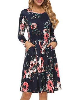 Kranda Women Short/Long Sleeve Round Neck Pleated Loose Swing Floral Midi Dress with Pockets