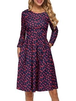 Kranda Women Short/Long Sleeve Round Neck Pleated Loose Swing Floral Midi Dress with Pockets