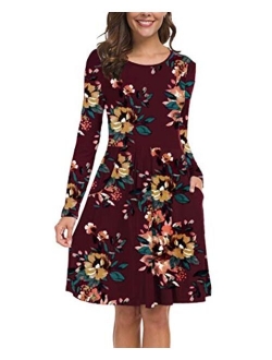 Kranda Women Short/Long Sleeve Round Neck Pleated Loose Swing Floral Midi Dress with Pockets