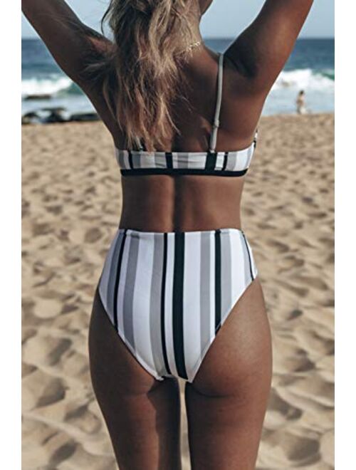 CUPSHE Womens Black White Grey Stripe Bikini Bowknot Shirred Swimsuit