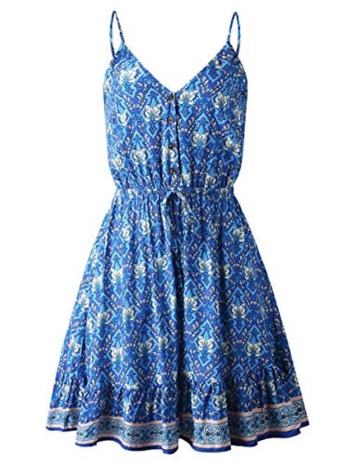 Angashion Womens Summer Casual Floral Spaghetti Strap V Neck Boho Button Backless Mini Swing Skater Dress