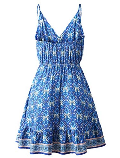 Angashion Womens Summer Casual Floral Spaghetti Strap V Neck Boho Button Backless Mini Swing Skater Dress