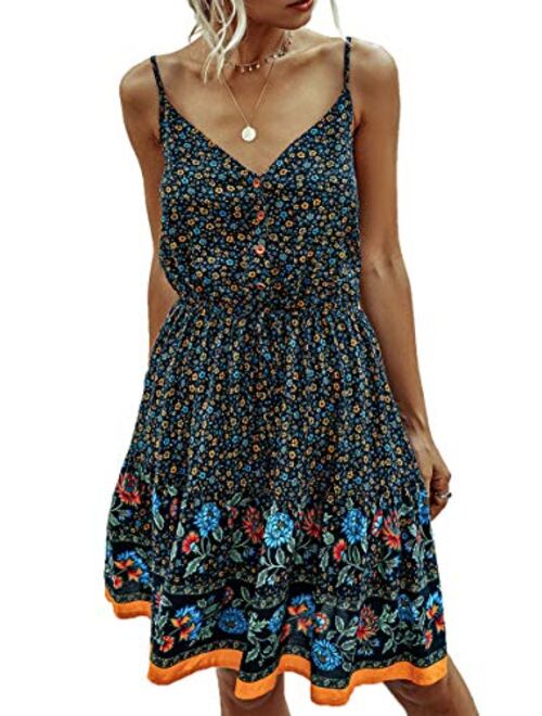 Angashion Womens Summer Casual Floral Spaghetti Strap V Neck Boho Button Backless Mini Swing Skater Dress