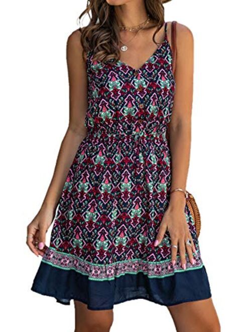 Angashion Womens Summer Casual Floral Spaghetti Strap V Neck Boho Button Backless Mini Swing Skater Dress