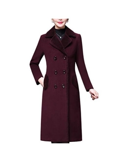 Aprsfn Women's Double-Breasted Notched Lapel Midi Wool Blend Pea Coat Jackets