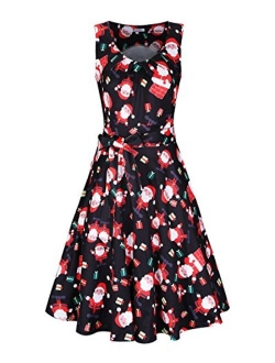 KILIG Women's Christmas Sleeveless Print Pleated Skater Party Cocktail Dresses with Pockets