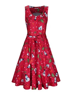 KILIG Women's Christmas Sleeveless Print Pleated Skater Party Cocktail Dresses with Pockets