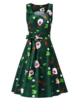 KILIG Women's Christmas Sleeveless Print Pleated Skater Party Cocktail Dresses with Pockets