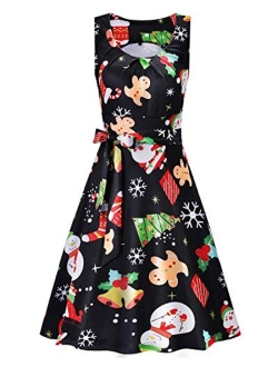 KILIG Women's Christmas Sleeveless Print Pleated Skater Party Cocktail Dresses with Pockets