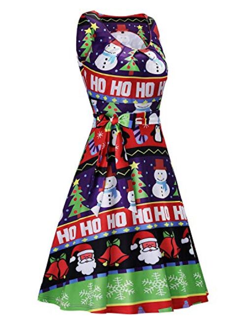 KILIG Women's Christmas Sleeveless Print Pleated Skater Party Cocktail Dresses with Pockets