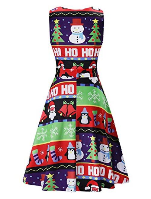 KILIG Women's Christmas Sleeveless Print Pleated Skater Party Cocktail Dresses with Pockets