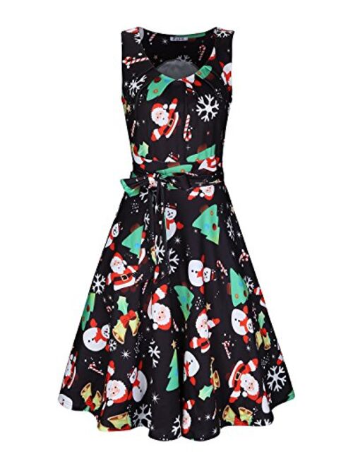 KILIG Women's Christmas Sleeveless Print Pleated Skater Party Cocktail Dresses with Pockets