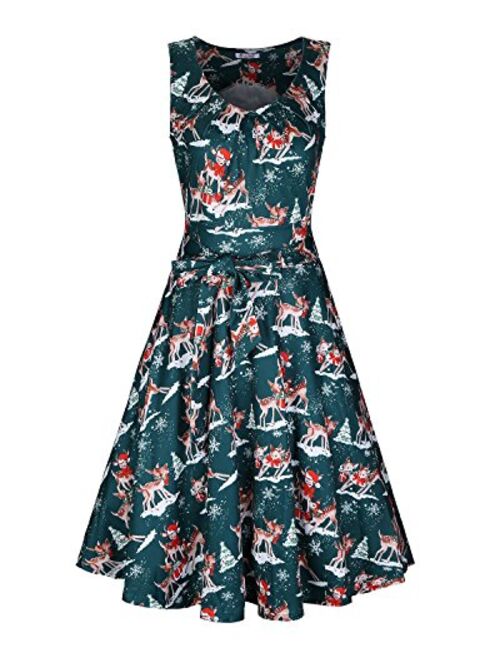 KILIG Women's Christmas Sleeveless Print Pleated Skater Party Cocktail Dresses with Pockets