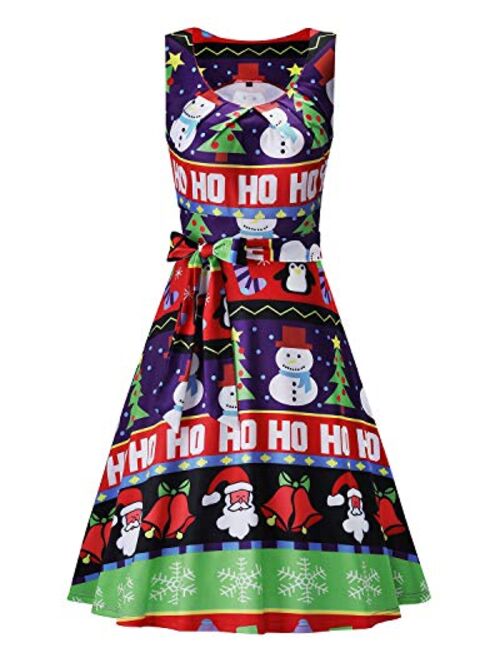 KILIG Women's Christmas Sleeveless Print Pleated Skater Party Cocktail Dresses with Pockets