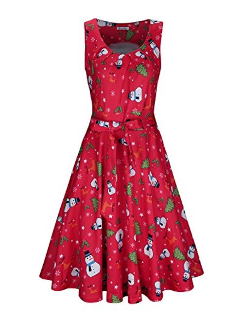 KILIG Women's Christmas Sleeveless Print Pleated Skater Party Cocktail Dresses with Pockets