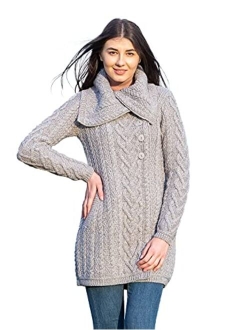 SAOL 100% Merino Wool Women Classic Cable Knit Cardigan Irish Coat with Pockets