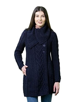 SAOL 100% Merino Wool Women Classic Cable Knit Cardigan Irish Coat with Pockets