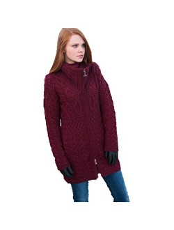 Aran Crafts 100% Merino Wool Ladies Double Collar Coat Wine