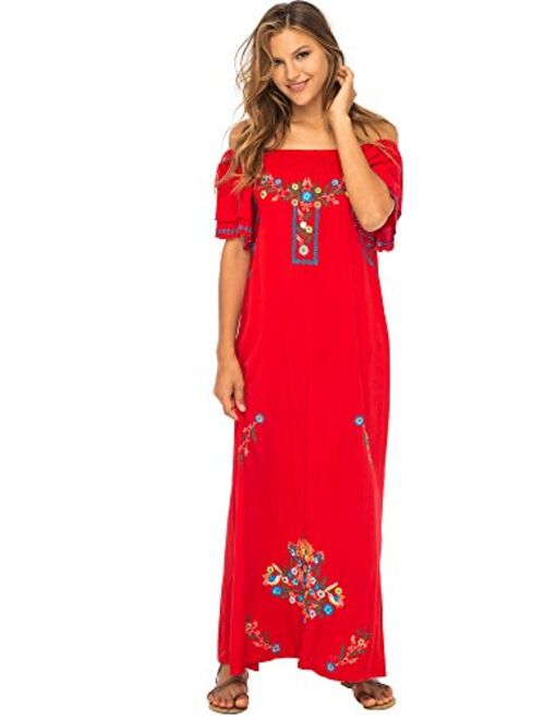 Back From Bali Womens Long Mexican Embroidered Dress, Maxi Long Summer Peasant Dresses for Women Off The Shoulder