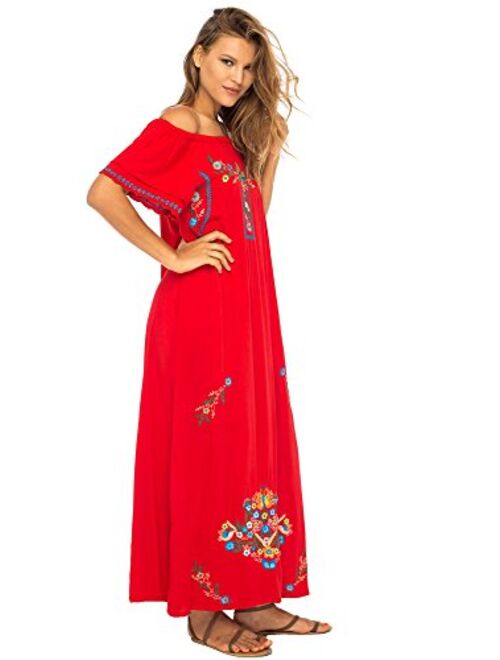 Back From Bali Womens Long Mexican Embroidered Dress, Maxi Long Summer Peasant Dresses for Women Off The Shoulder