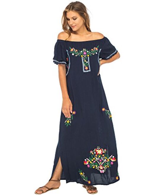 Back From Bali Womens Long Mexican Embroidered Dress, Maxi Long Summer Peasant Dresses for Women Off The Shoulder