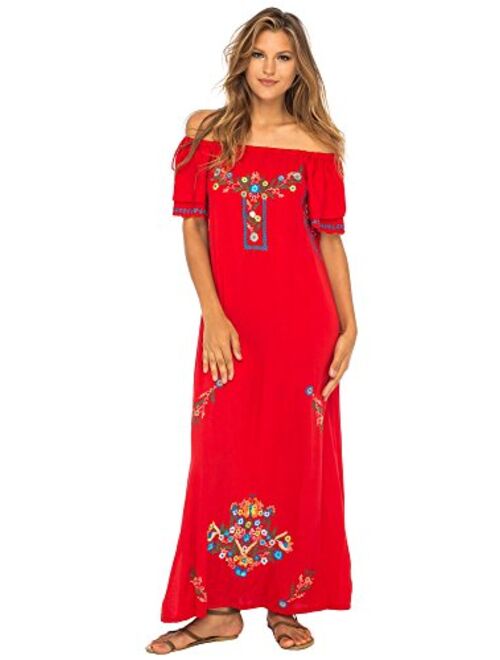 Back From Bali Womens Long Mexican Embroidered Dress, Maxi Long Summer Peasant Dresses for Women Off The Shoulder