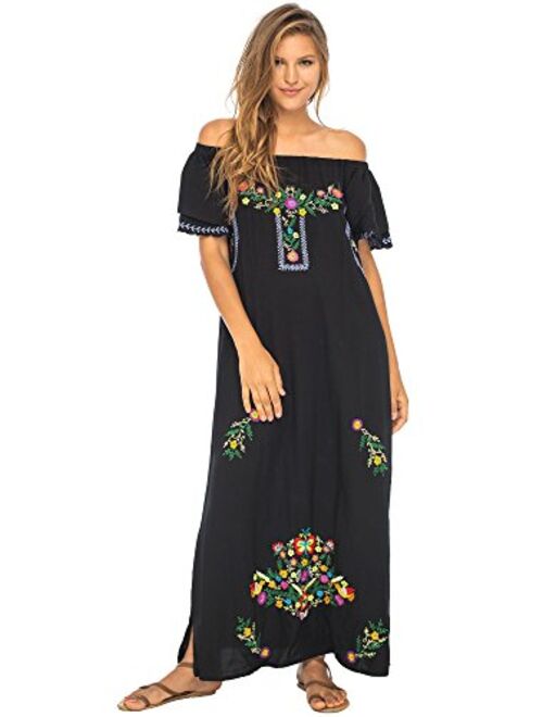 Back From Bali Womens Long Mexican Embroidered Dress, Maxi Long Summer Peasant Dresses for Women Off The Shoulder