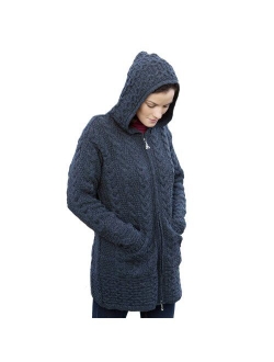 100% Irish Merino Wool Ladies Hooded Aran Zip Sweater Coat by West End Knitwear