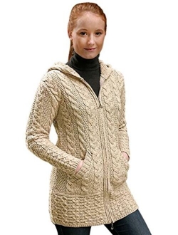 100% Irish Merino Wool Ladies Hooded Aran Zip Sweater Coat by West End Knitwear