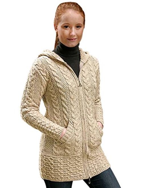 Irish Setter 100% Irish Merino Wool Ladies Hooded Aran Zip Sweater Coat by West End Knitwear