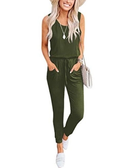 Caracilia Women's Tank Jumpsuit Casual Sleeveless Jumpsuit Beam Foot Elasitic Waist Rompers Jumpsuits with Pockets